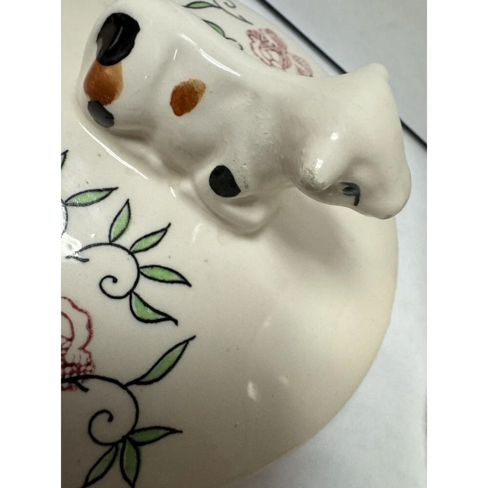 VTG Ceramic Butter or Grease Jar Cow Figural Handle , Painted Rooster Folk Art